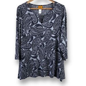 Ruby Rd Womens Paisley Top‎ 3/4 Sleeve Tunic V Neck Stretch Blouse Black Large